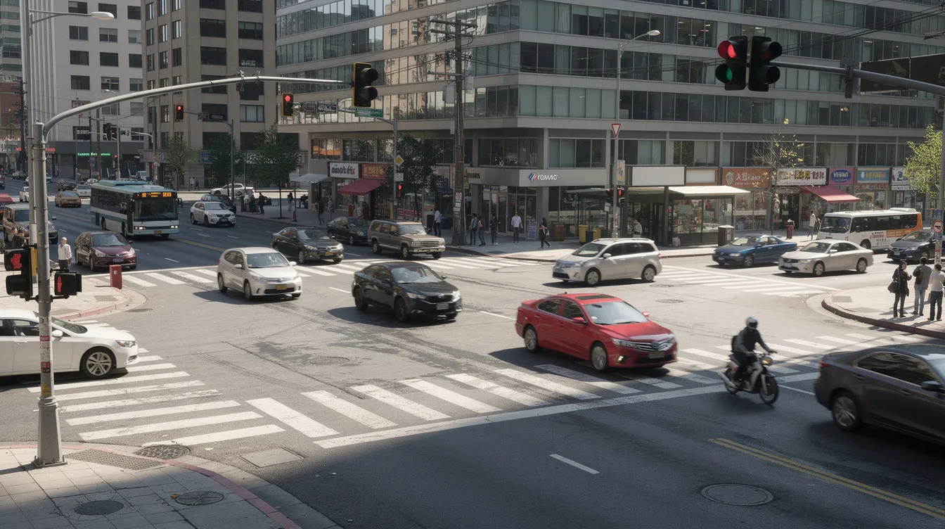 The image depicts a bustling urban intersection with traffic lights and various vehicles crossing paths, highlighting the potential for accidents. In Houston, such intersections can be sites of serious auto accidents, making it essential for victims to consider hiring an abogado de accidentes to navigate the complexities of their cases.