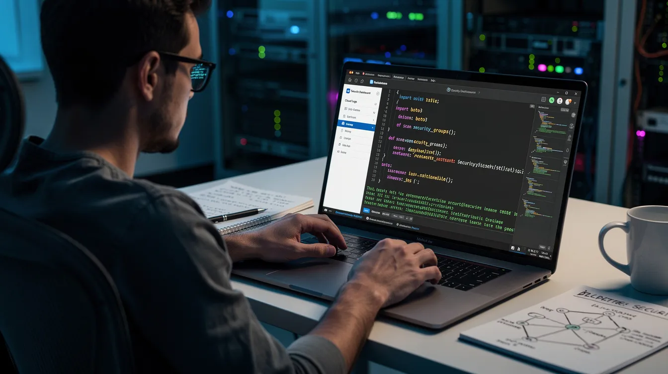A developer is focused on writing security automation code on a laptop, with a terminal displaying Python scripts and cloud console output related to cybersecurity. This scene highlights the importance of technical skills and hands-on experience in the cybersecurity field, essential for roles such as security analysts and professionals seeking advanced certifications.