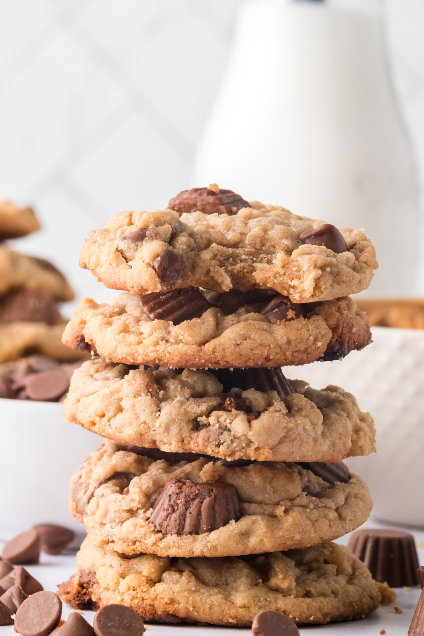 stack of chewy peanut butter cup cookies