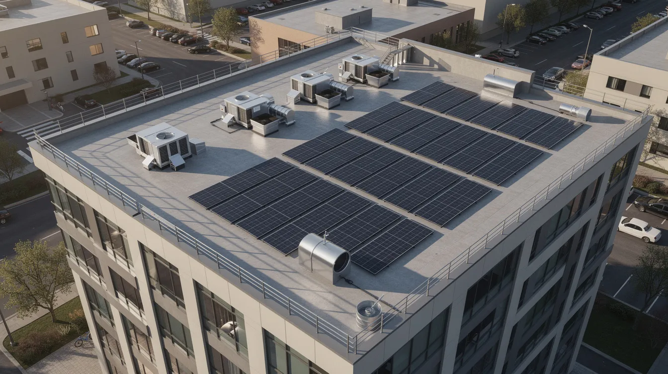 The image depicts a commercial building equipped with rooftop solar panels and HVAC equipment, showcasing a commitment to energy efficiency and sustainable solutions. This setup highlights a business opportunity for franchise partners interested in energy franchise opportunities that focus on reducing energy consumption and improving indoor air quality.