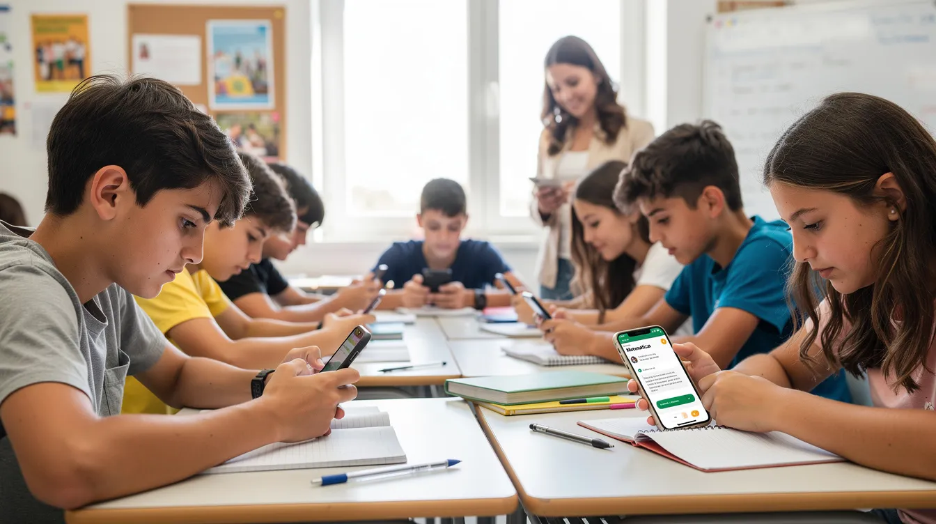 Un grupo de estudiantes de la ESO está concentrado en sus móviles, utilizando aplicaciones para preparar sus exámenes de acceso a la universidad. Algunos revisan preguntas y respuestas mientras otros comparten información sobre las mejores aplicaciones para estudiar materias como matemáticas y lengua catalana.