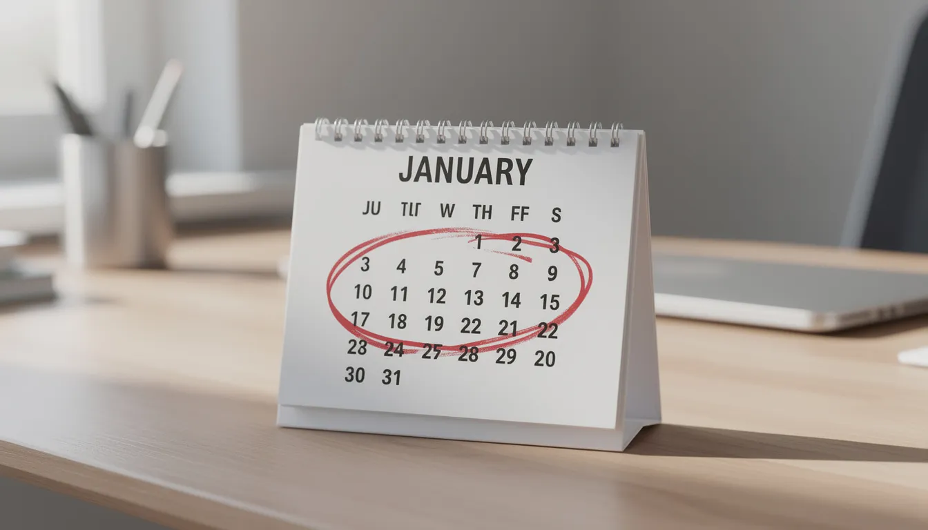 The image shows a desk calendar open to January, with a specific date circled in red marker, symbolizing the importance of planning for insurance needs in the new year. This visual serves as a reminder to avoid common insurance mistakes and ensure you have the right coverage for financial protection.