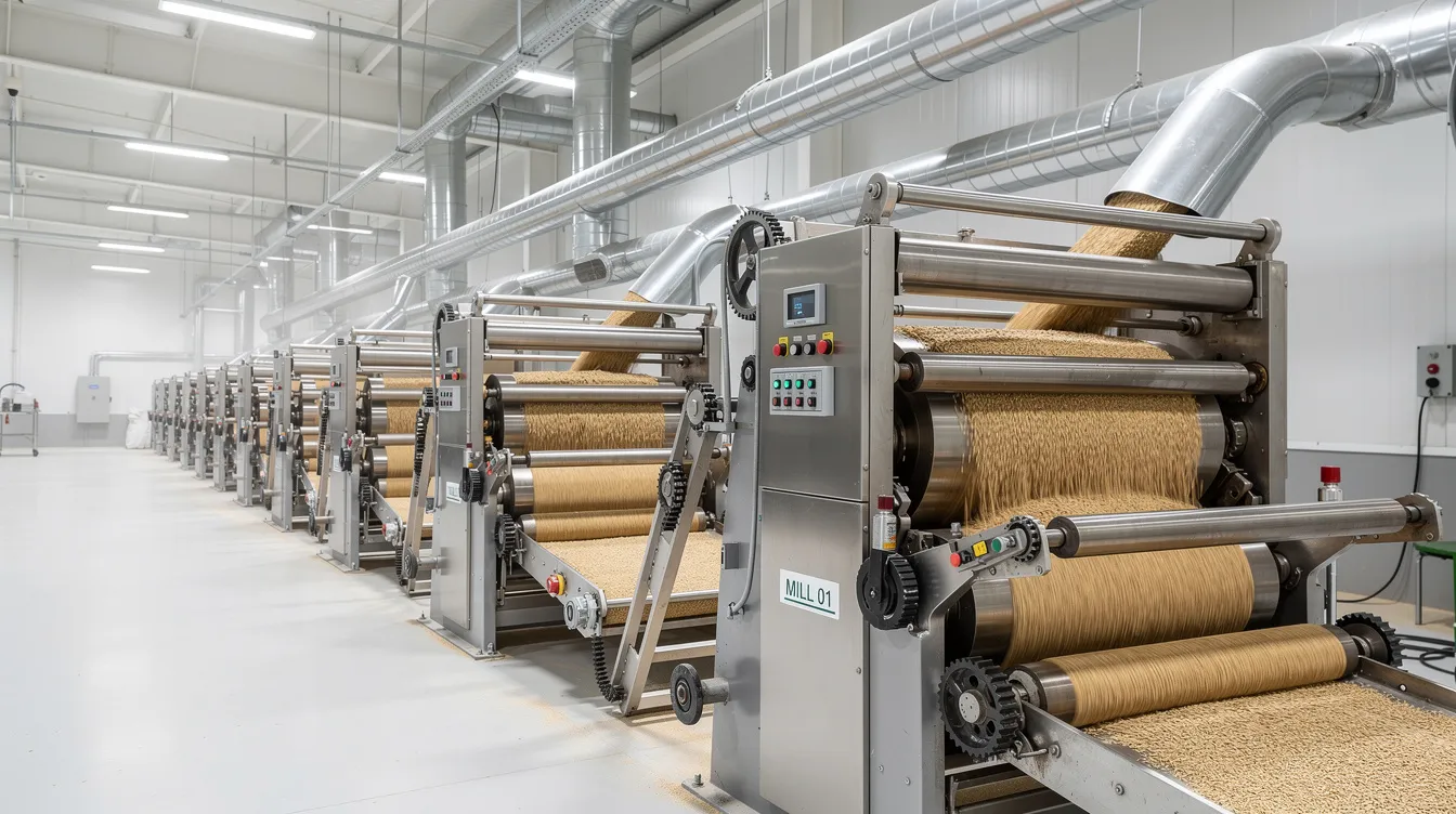 4aeeec3d bcdd 4a10 a1ac e08565b2e69e The image depicts a modern industrial roller mill machinery setup within a flour mill plant, showcasing steel rollers and advanced conveying systems designed for efficient flour milling. This equipment is integral to the production of fine wheat flour, catering to the needs of professional bakeries and the food industry.
