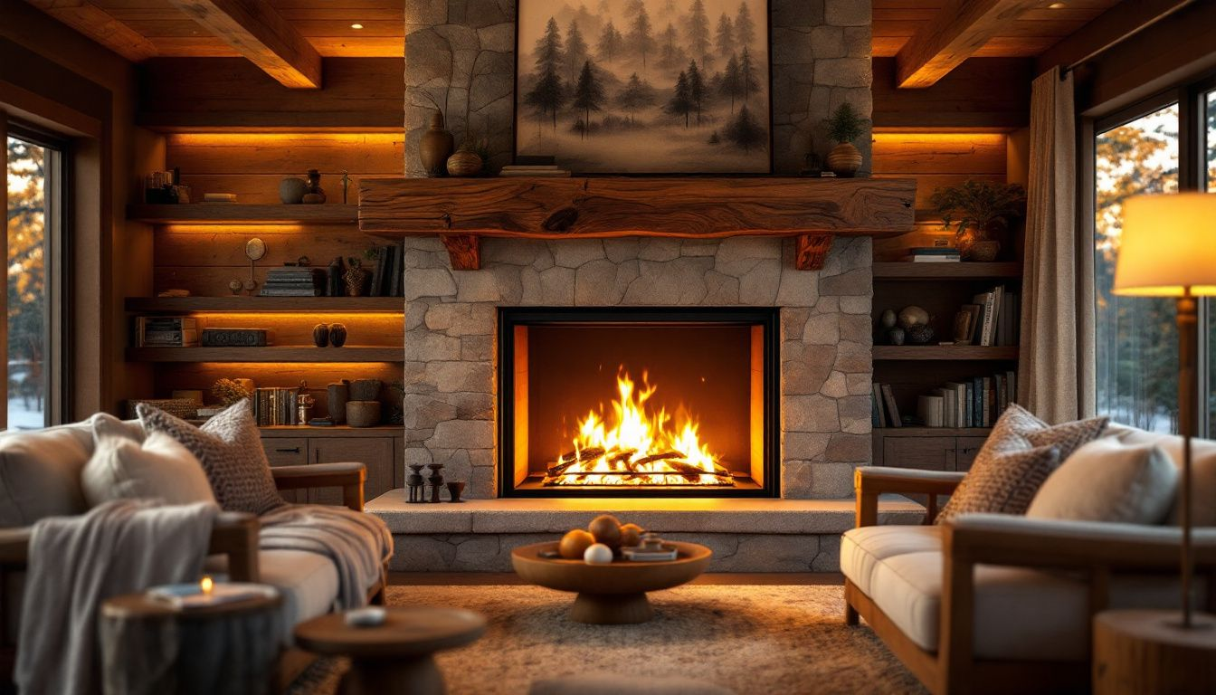 A modern inbuilt wood fireplace in a stylish living room.