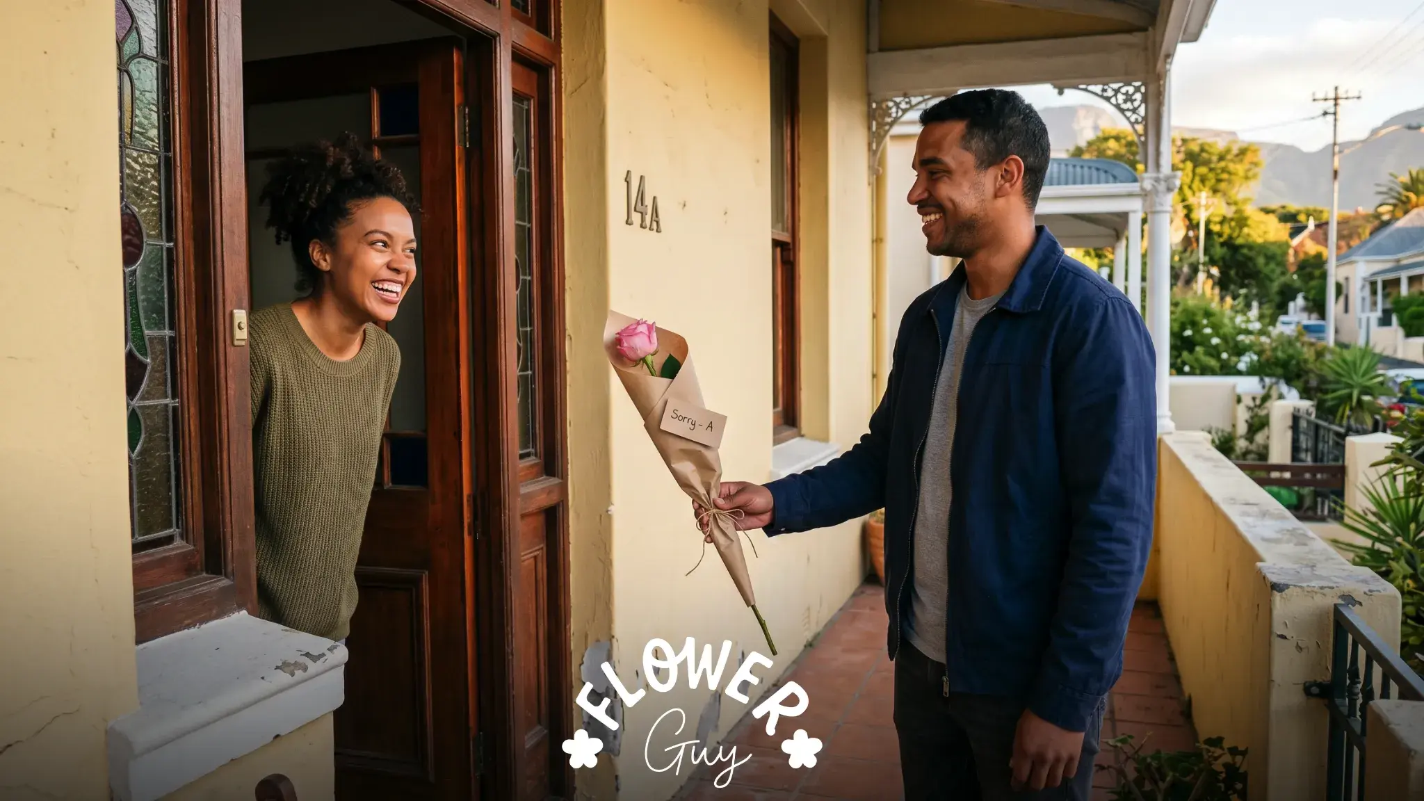 Coloured South African man at front door with single rose and belated happy birthday messages apology card