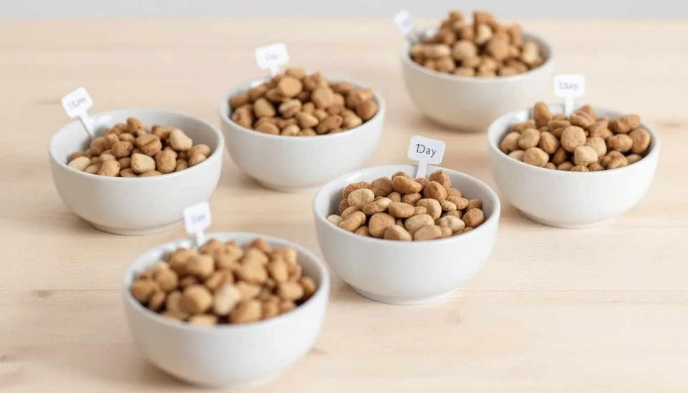 In the image, several small bowls are filled with carefully portioned dog food, demonstrating the importance of proper meal portioning for dogs. This practice can help manage
              digestive issues such as acid reflux in dogs and promote a healthy diet to support their gastrointestinal tract.