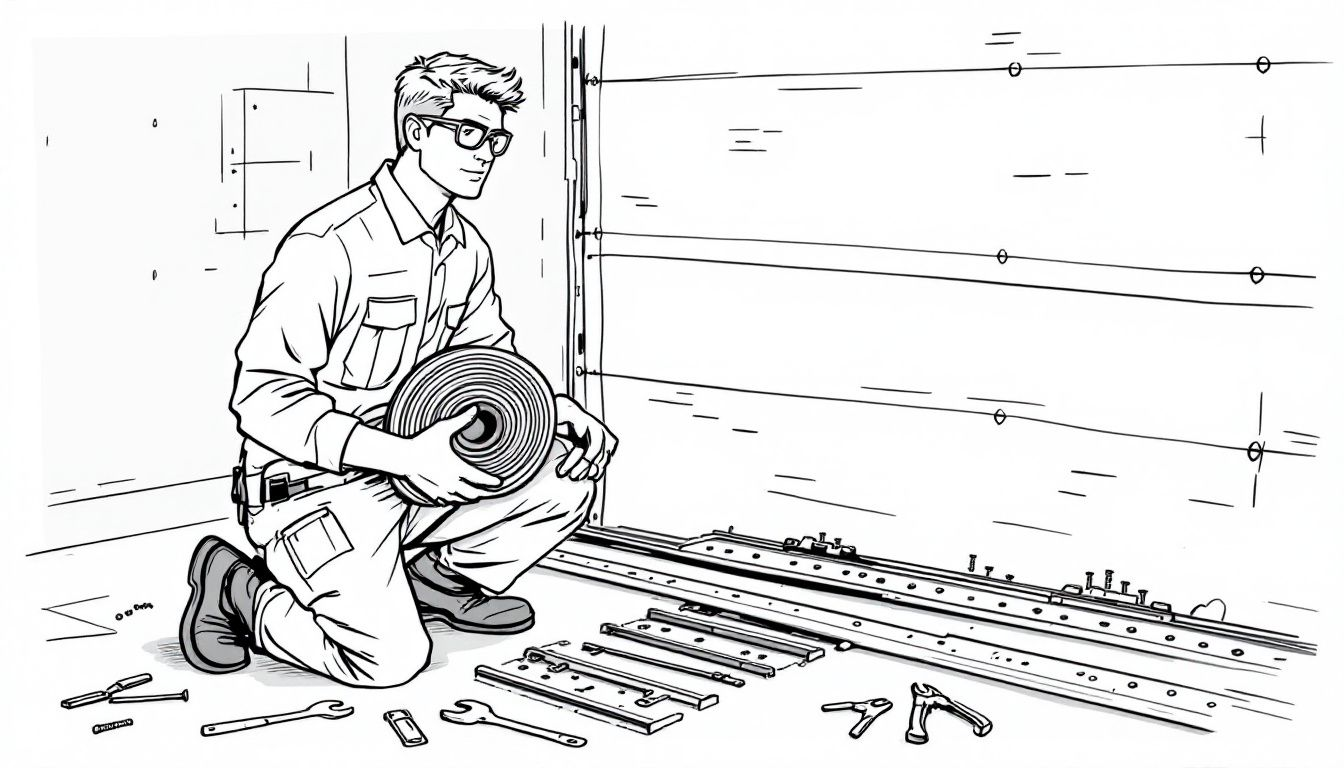 A professional garage door technician assessing a damaged garage door track.