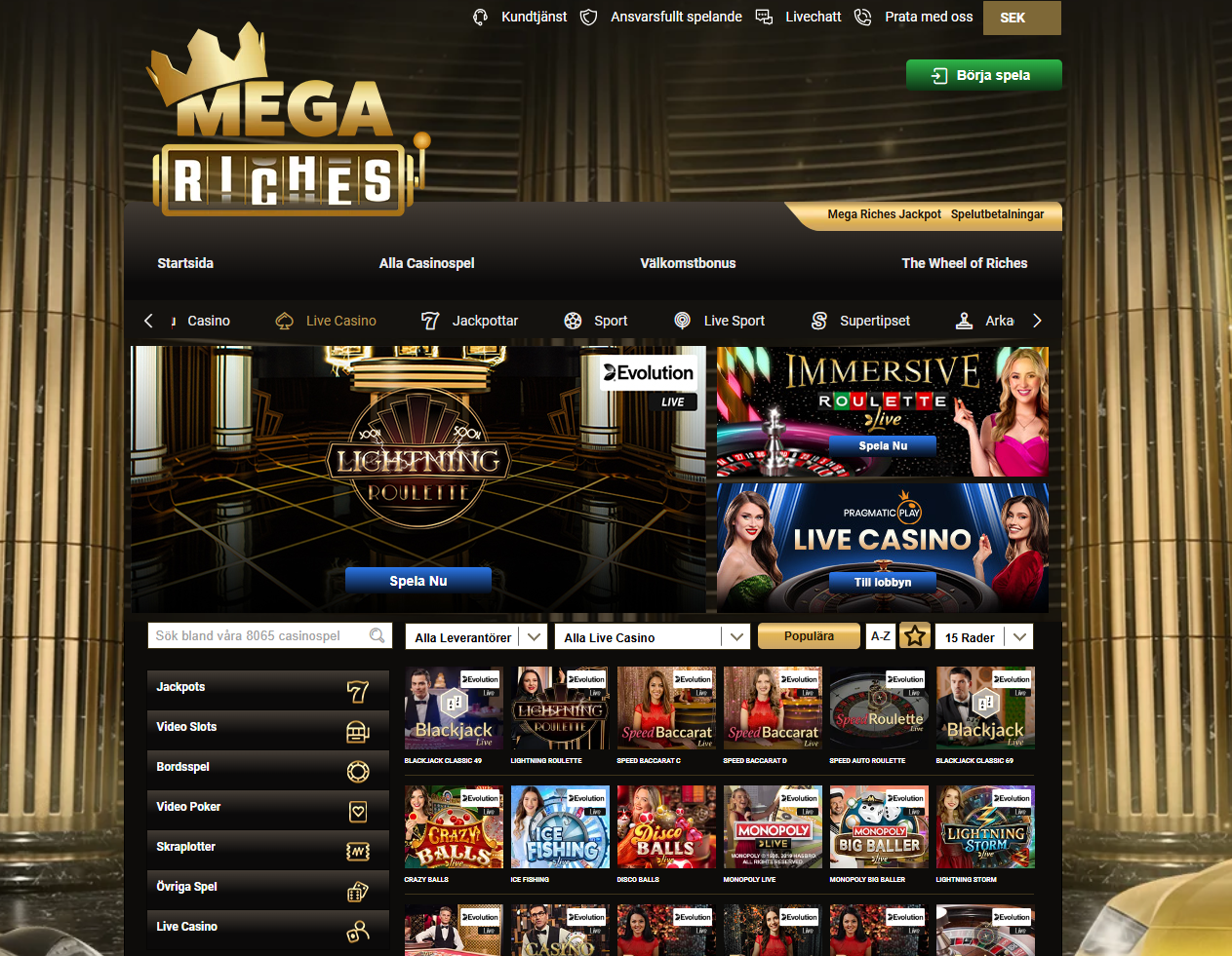 Startsida frö Live casino hos Mega Riches.