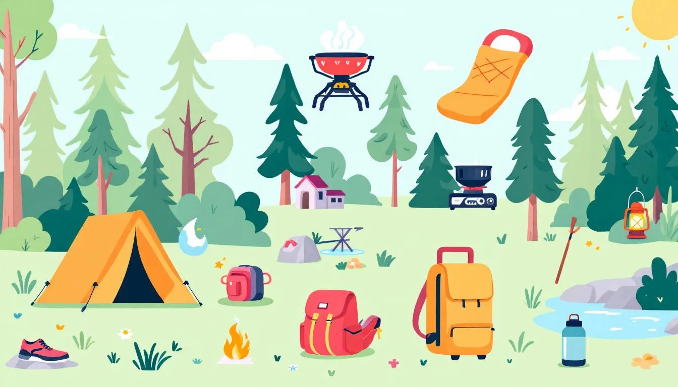 A collection of essential camping gear for a family camping trip.