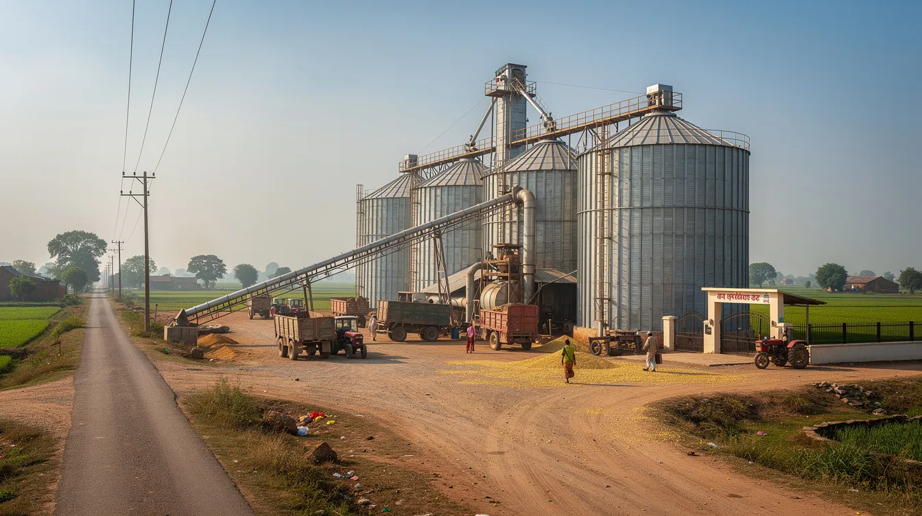 4af4c45d 624f 4690 85d2 06f3d75c8079 The image depicts an industrial grain processing facility in a rural Indian setting, featuring large steel silos and extensive conveyor systems used for the production of ethanol from broken rice. This facility plays a significant role in the bioethanol production industry, contributing to renewable energy efforts and the supply of fuel for vehicles.