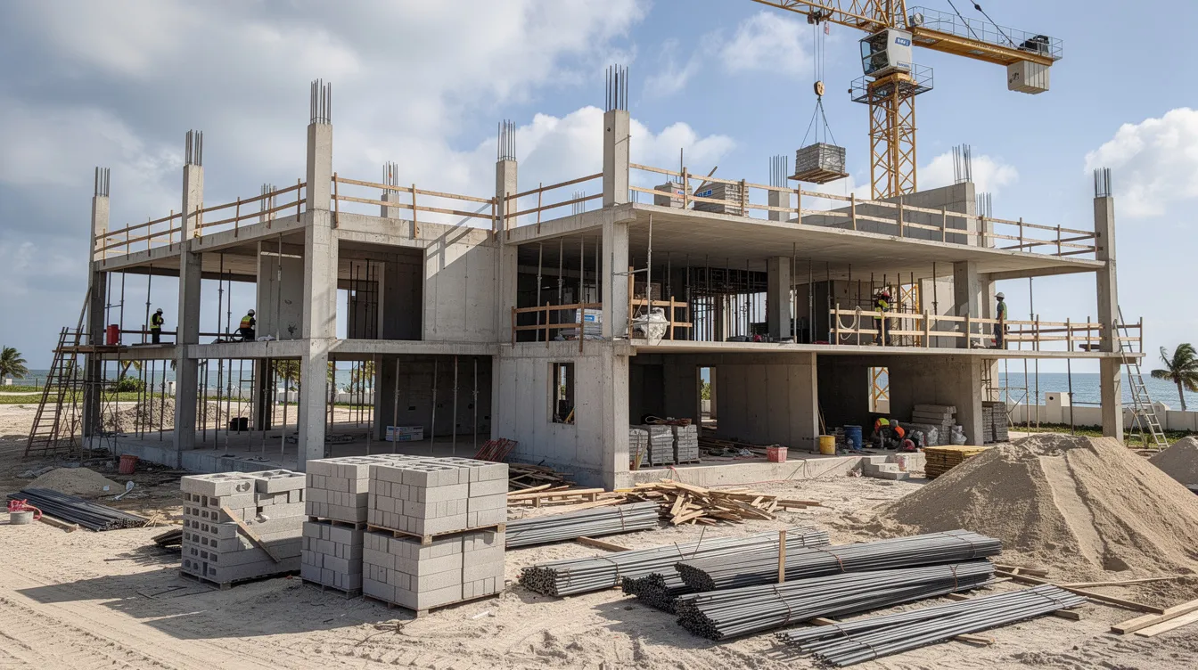 4af70fa7 9c23 4d4f 9ada 14ec024e771c The image depicts a construction site where a multi-room resort building is being developed, showcasing the concrete framework in progress. This hospitality project highlights the initial stages of resort development, emphasizing the importance of project cost and financial expertise in the hotel industry.