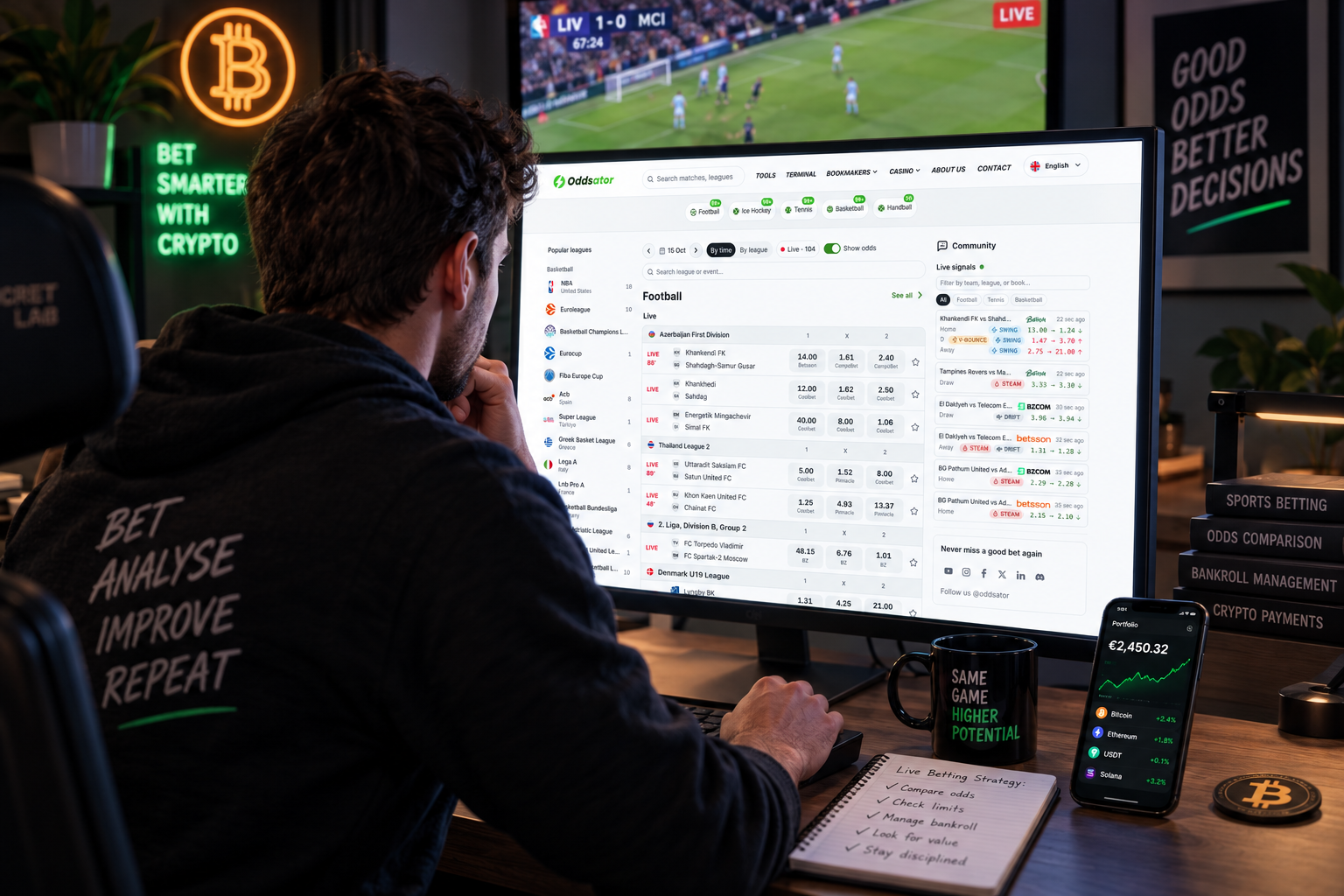 Person using Oddsator to compare live football odds across different bookmakers and identify competitive betting prices.