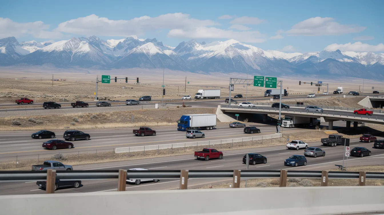 The image depicts a busy highway intersection in Colorado, featuring several vehicles navigating the road with majestic mountains visible in the background. This scene highlights the potential for car accident claims and emphasizes the importance of having an experienced personal injury attorney to handle the complexities of Colorado car accident cases.