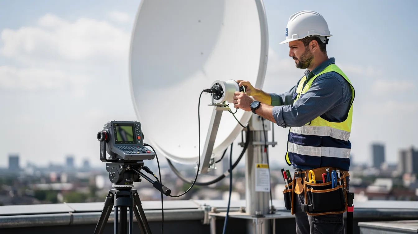 A technician is carefully adjusting a satellite dish using professional alignment equipment to ensure optimal signal reception for DSTV installation services. This meticulous process is essential for correcting any faulty signal and providing customers with a reliable entertainment system.