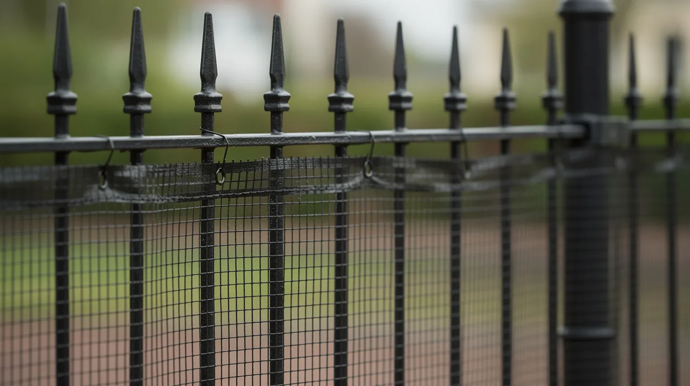 The image features a section of an existing black wrought iron fence, enhanced with black vinyl-coated wire mesh at the bottom, blending seamlessly with the dark pickets. This design is ideal for keeping small dogs and other animals securely contained within the yard while maintaining an aesthetically pleasing appearance.