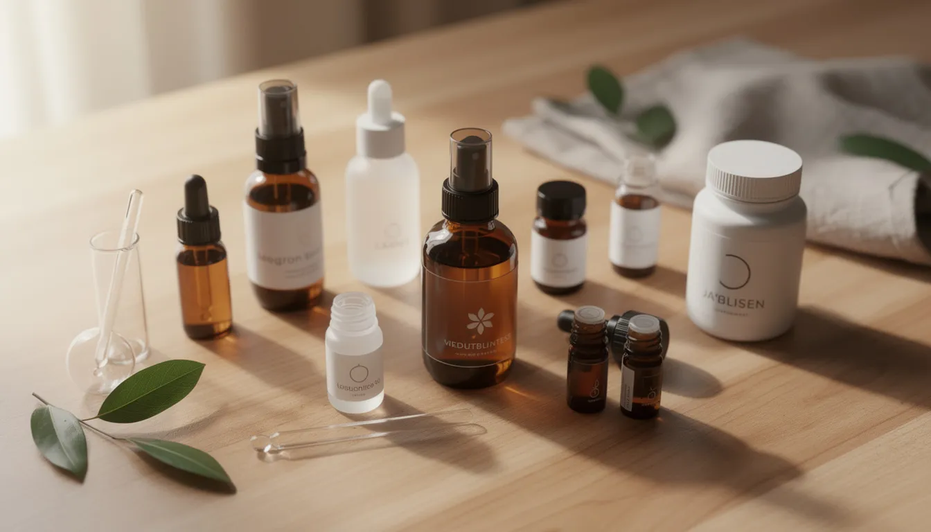 The image features an assortment of wellness product bottles and droppers, elegantly arranged on a natural wood surface, showcasing various formulations that may include cannabinoids like CBD and CBG, known for their potential therapeutic benefits such as pain relief and stress management. This display highlights the growing interest in cannabinoid research and the wellness benefits associated with these non-psychotropic compounds.