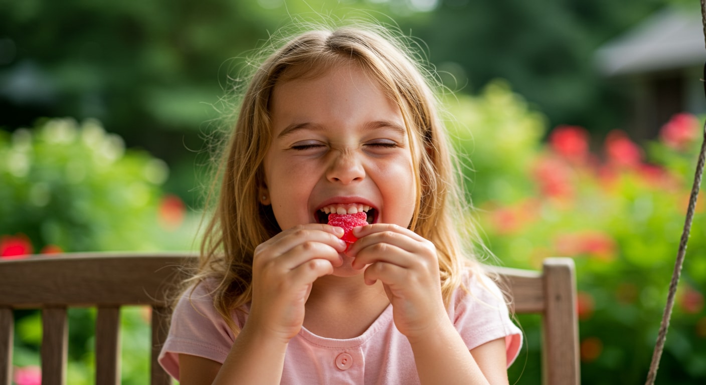 A girl biting into a sour gummy while expressing joy