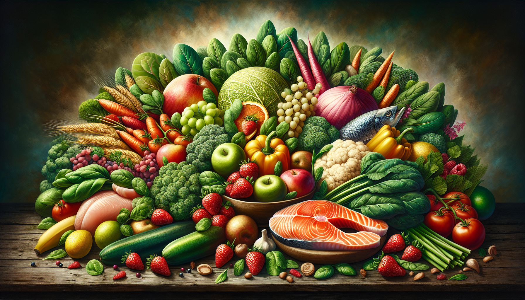 Artistic depiction of a variety of nutrient-dense foods including fruits, vegetables, and lean proteins