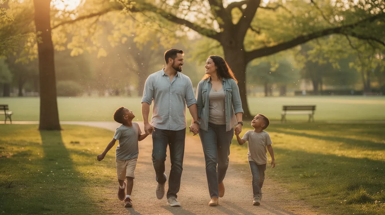 A family is walking together in a park, embodying connection and healing as they share joyful moments. This scene highlights the importance of forming healthy emotional bonds, which can be crucial for children, especially those who may face attachment disorders or emotional neglect.
