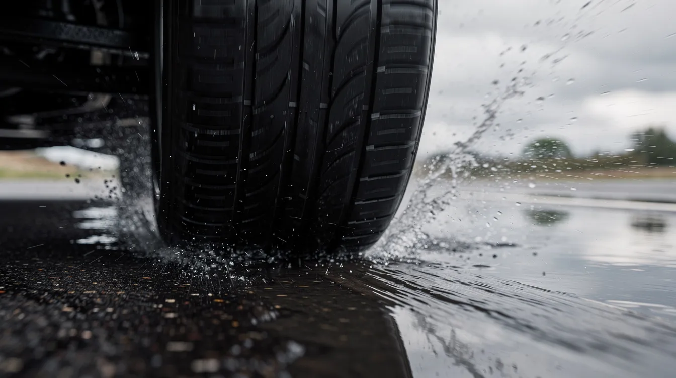 A close-up view of a car tire rolling on a wet road surface, with water spraying to the sides, highlights the importance of proper tire tread depth for maintaining traction in wet conditions. This image serves as a reminder for drivers to stay alert and drive safely during rainstorms to avoid hydroplaning and ensure control of their vehicle.