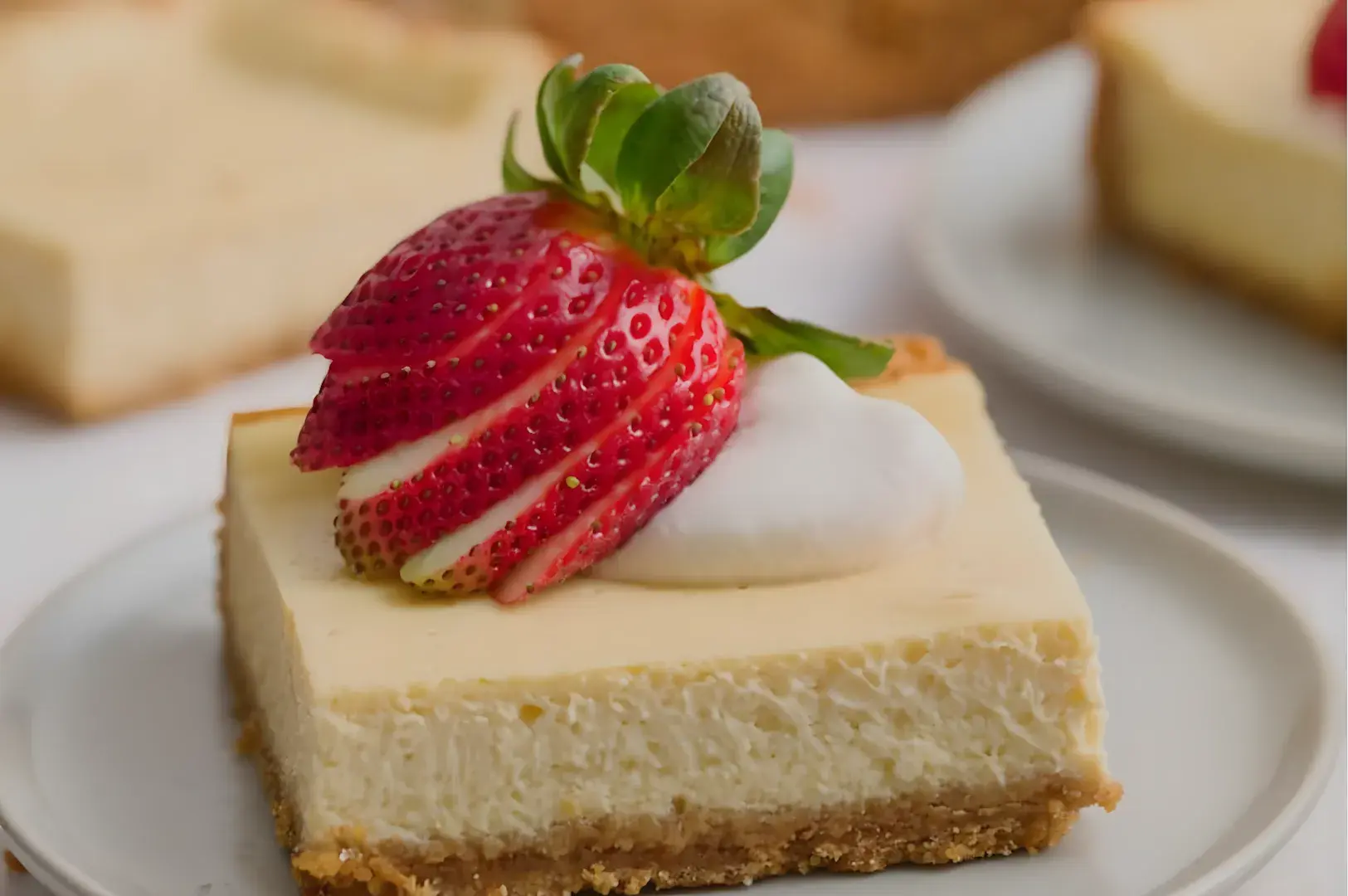 A slice of cheesecake topped with a fresh strawberry and a dollop of whipped cream, served on a small plate.