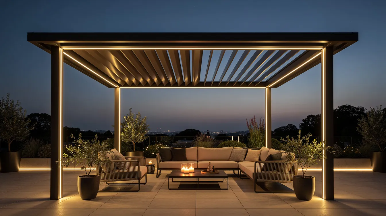 Une pergola bioclimatique haut de gamme, éclairée par des LED, crée une ambiance chaleureuse sur une terrasse en soirée, avec des lames orientables permettant de s'adapter aux conditions météorologiques. Cette structure en aluminium offre à la fois confort et protection contre le soleil et la pluie, idéale pour profiter de l'extérieur.