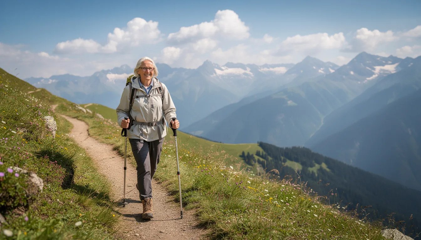 An older adult is hiking along a scenic trail, surrounded by majestic mountains in the background, embodying the spirit of healthy aging and the pursuit of overall health. This image reflects the importance of an active lifestyle in promoting cellular health and longevity benefits, particularly in the aging process.