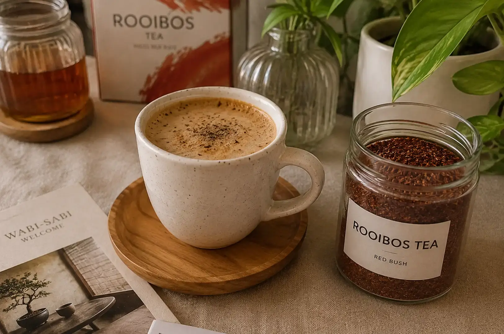 A warm, cozy tabletop scene features a white speckled ceramic mug filled with a frothy rooibos tea latte sprinkled with fine spices, resting on a round wooden coaster. A clear glass jar labeled "ROOIBOS TEA RED BUSH" filled with loose tea stands beside the mug, accompanied by a small glass jar of honey, a potted green plant, and an open booklet titled "WABI-SABI" lying on the linen tablecloth.