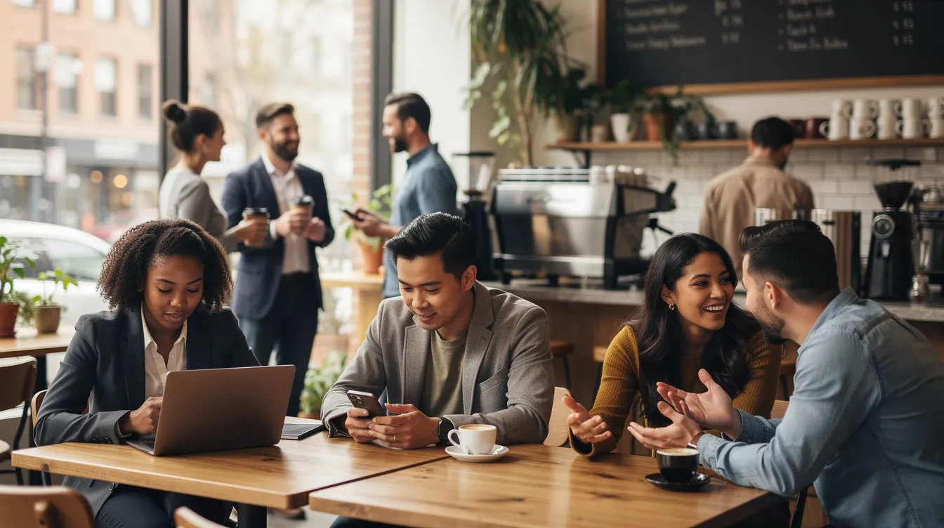 A diverse group of young professionals is gathered in a coffee shop, some engaged in conversation while others are focused on their phones. This setting reflects the dynamics of modern relationships, where shared interests and effective communication are essential for building lasting connections and navigating dating challenges.