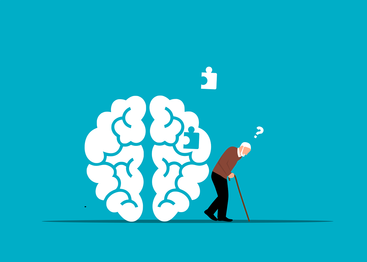 A cartoon rendering of a brain with a puzzle piece missing and an elderly man walking away with question mark above his head.