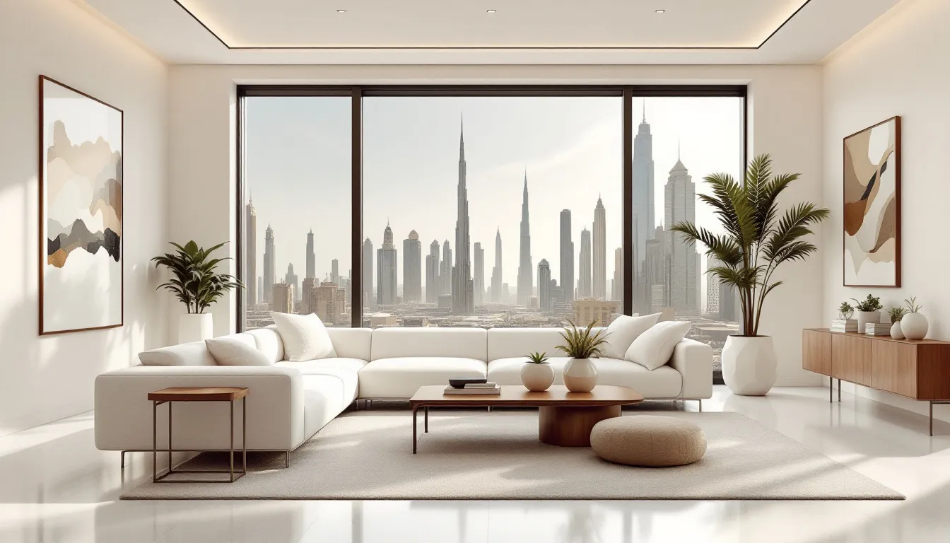 A clean and tidy living room showcasing a professionally cleaned sofa in Abu Dhabi.