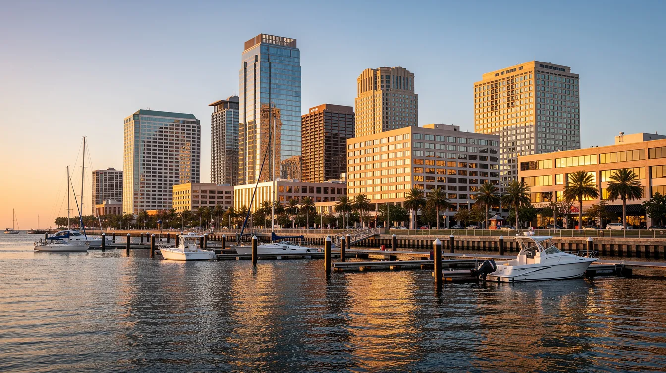 The image shows a picturesque view of the Tampa Bay skyline from the waterfront, featuring various boats in the foreground and the downtown buildings rising in the background. This vibrant scene highlights the potential for real estate investments in Tampa, where hard money loans and private lending options are available for investors looking to finance their projects.