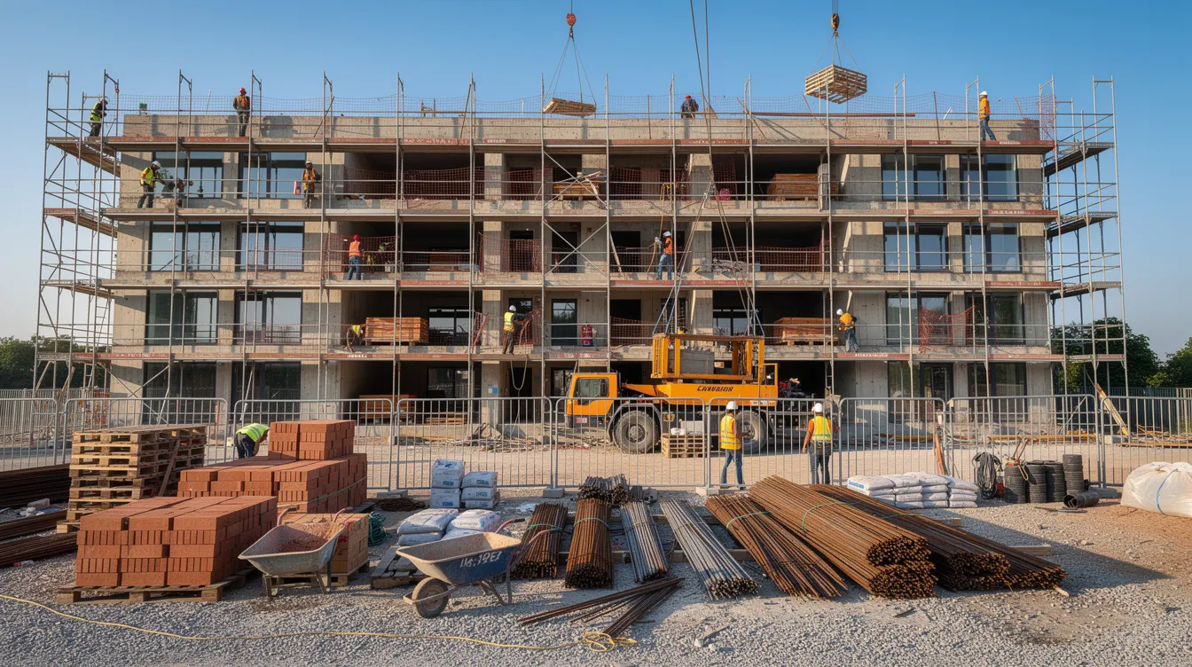 4b06b5ef 9f2c 4a16 be50 4efdeb504bd4 The image depicts a bustling hotel construction site featuring scaffolding, workers actively engaged in building tasks, and various construction materials scattered throughout, all set against a clear blue sky. This scene highlights the early stages of a hotel project, emphasizing the significant construction costs and project finance considerations essential in the hospitality industry.