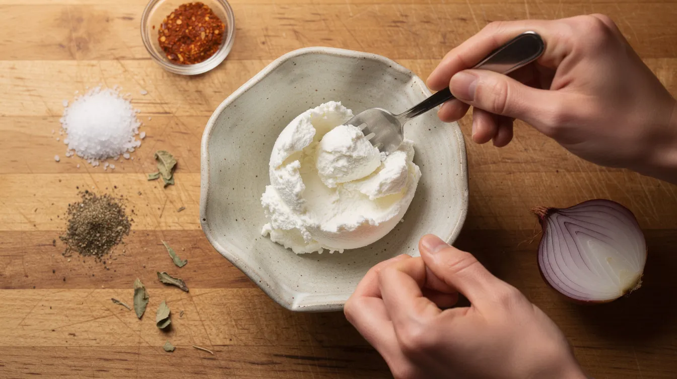 In der Bildbeschreibung sind Hände zu sehen, die in einer Keramikschüssel Käse zerdrücken, um einen cremigen Brotaufstrich, wie das traditionelle obatzda Rezept, zuzubereiten. Um die Schüssel herum liegen Gewürze, eine halbe Zwiebel und eine Holzarbeitsplatte, die die bayerische Brotzeit Atmosphäre unterstreichen.