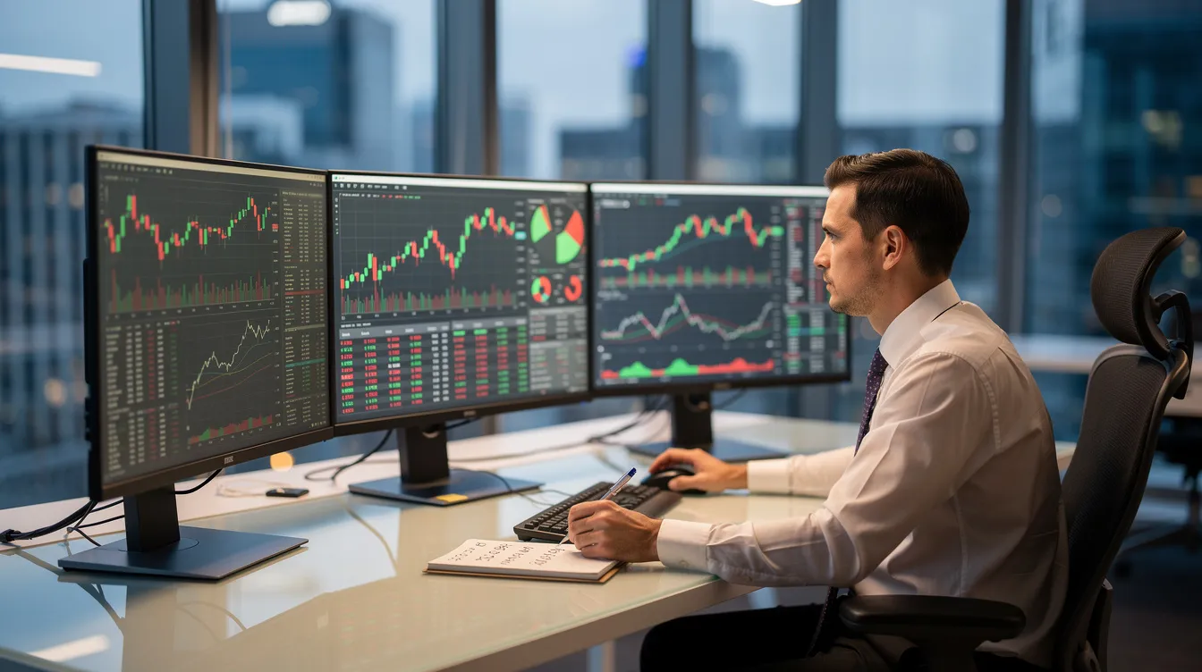 The image shows a financial analyst seated at a modern office desk, intently working across multiple monitors that display various charts and data related to market trends and competitive dynamics. This environment is designed to enable informed investment decisions and provide deep insights into industry trends and market shifts.