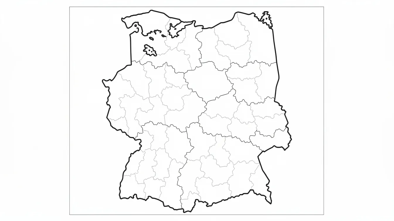 Mapa konturowa Polski z wyraźnie zaznaczonymi granicami szesnastu województw, przeznaczona do uzupełnienia przez uczniów w ramach sprawdzianu z geografii dla klasy 7, dział 2 dotyczącego ludności i urbanizacji. Mapa nie zawiera nazw województw, co umożliwia samodzielną naukę i ćwiczenia z zakresu gęstości zaludnienia.