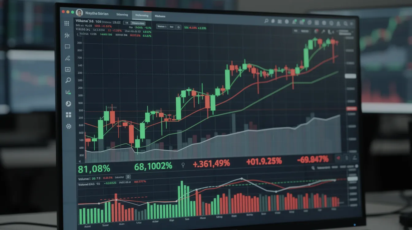 The image displays a financial trading screen filled with stock market charts and graphs, featuring green and red indicators that represent market trends. This dynamic environment is essential for investors, including those with a Bank Al Habib Roshan digital account, to monitor their investment portfolios and make informed decisions.