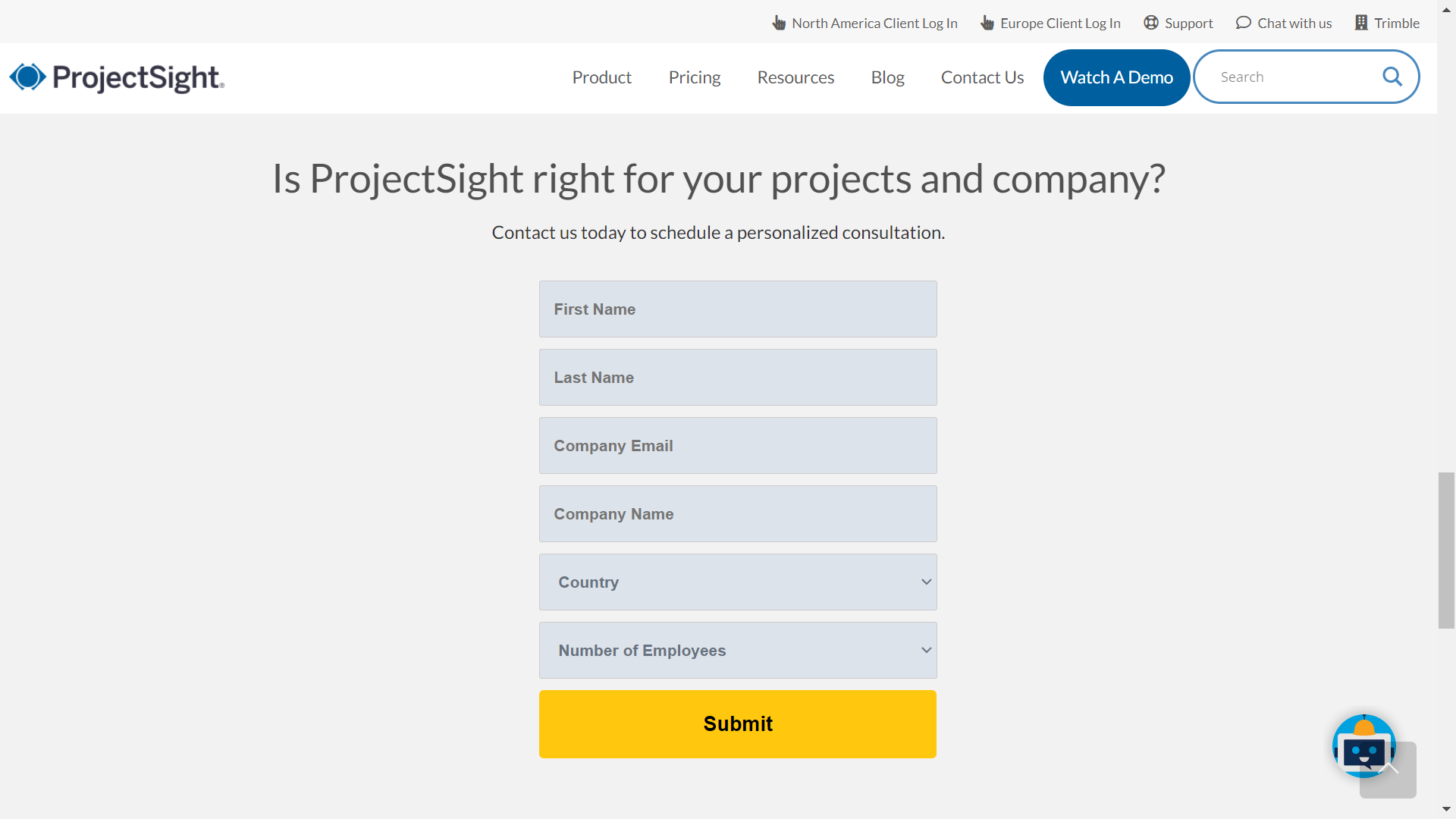 ProjectSight's pricing inquiry form as of 2023