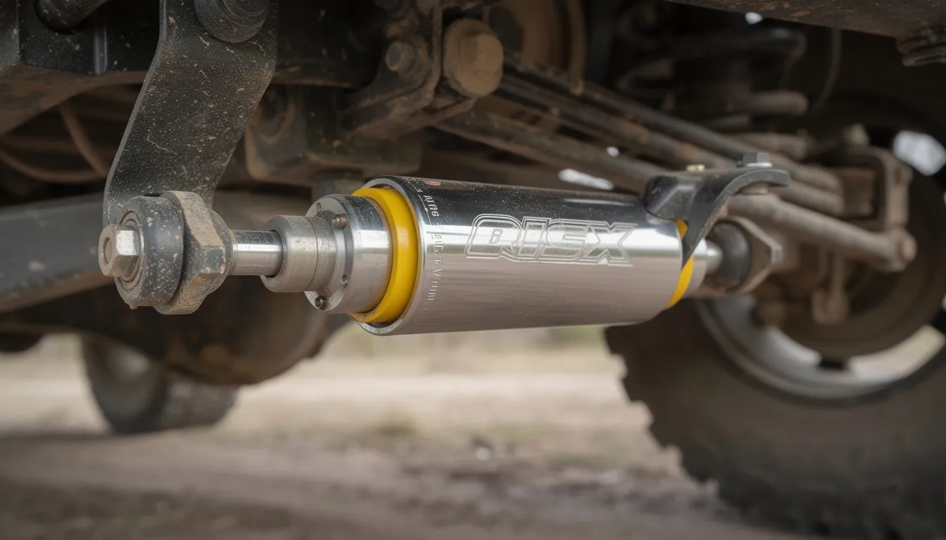 A close-up view of a monotube shock absorber installed on a lifted off-road vehicle, showcasing its engineering and design for enhanced suspension systems. This detail highlights the quality and innovation of ARB products, essential for an unforgettable adventure in the American Northwest.