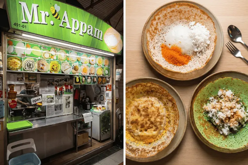A split view showing the vibrant green storefront of the Mr. Appam stall, alongside an overhead shot of a plain appam with orange sugar and coconut, and a green pandan appam.
