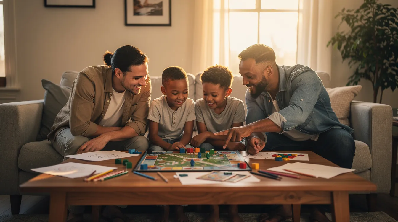 A family is gathered around a table, collaboratively engaging in a shared activity that fosters connection and support. This scene reflects the importance of trauma-informed practices in promoting mental health and emotional well-being within family dynamics.