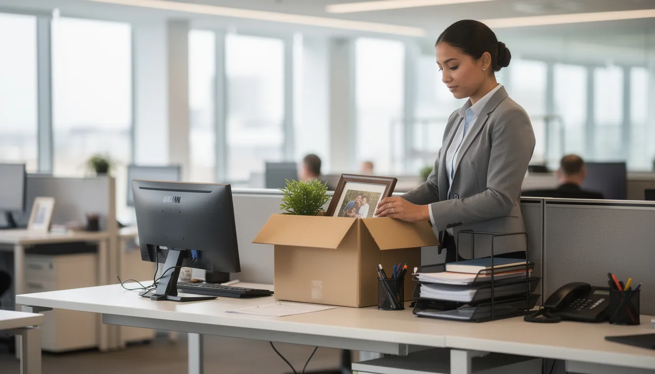 A person is seen packing personal items from their office desk into a cardboard box, indicating they are preparing to leave a job. This transition may involve considerations regarding their holiday entitlement and unused holiday pay as they complete their notice period.