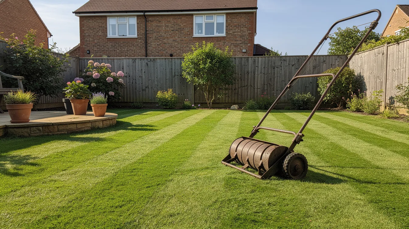The image features a freshly striped green lawn in a sunny British back garden, showcasing healthy grass with vibrant leafy growth. In the background, a push mower stands ready for regular maintenance, contributing to the perfect lawn by keeping the grass well-trimmed and lush.