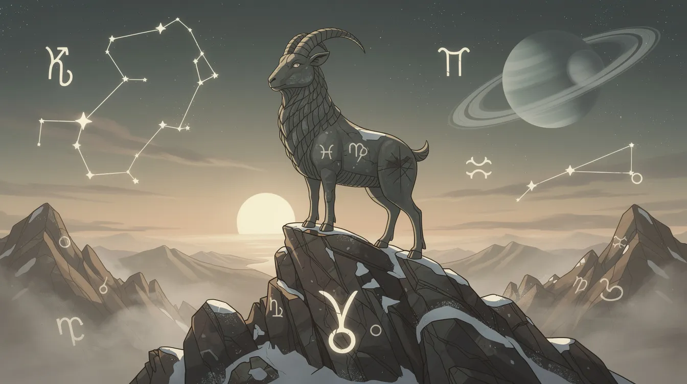 The image depicts the Capricorn zodiac sign, represented by the sea goat, symbolizing the earth sign's grounding and practical nature. It highlights Capricorn's personality traits of determination and emotional maturity, reflecting their disciplined approach to life and relationships, particularly in the context of their astrological significance within the zodiac.