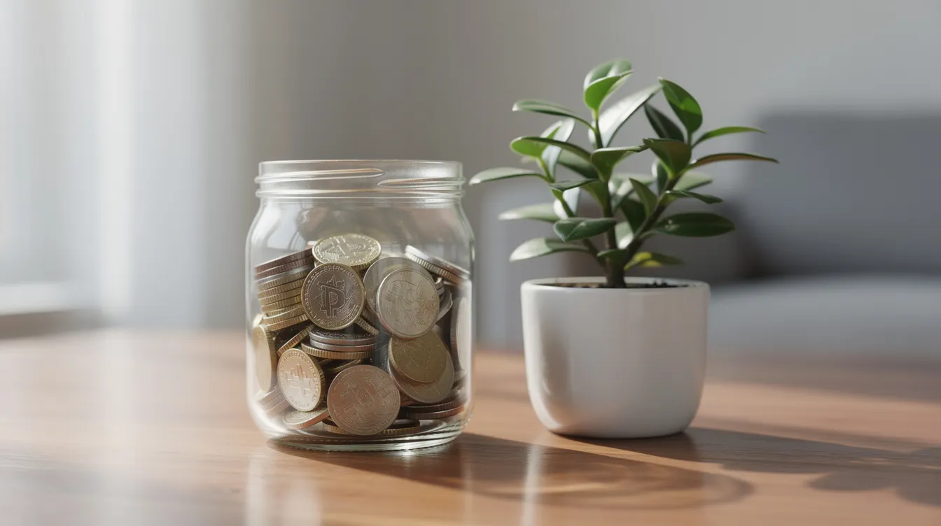 The image features a glass jar filled with various coins, symbolizing savings growth, positioned beside a small, healthy plant. This visual representation highlights the concept of a high yield savings account, emphasizing the importance of nurturing one's savings for financial growth.