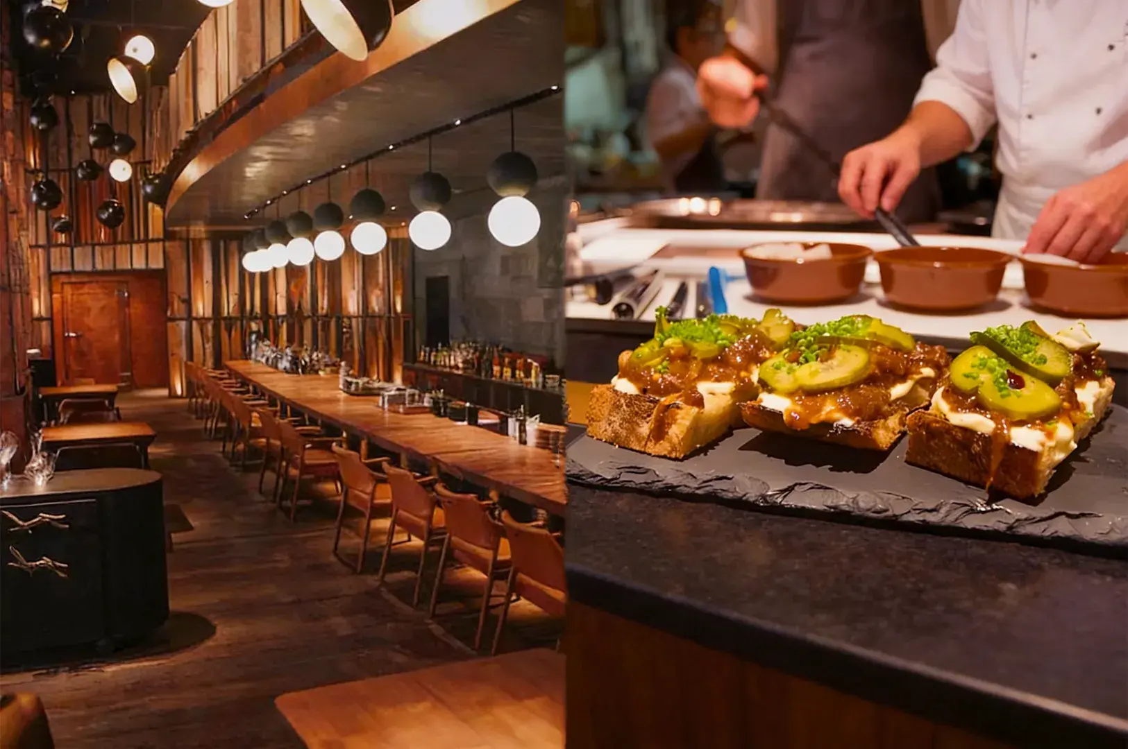 A stylish, warm-toned restaurant interior with wooden tables and hanging lights on the left. On the right, a chef prepares gourmet bruschetta.