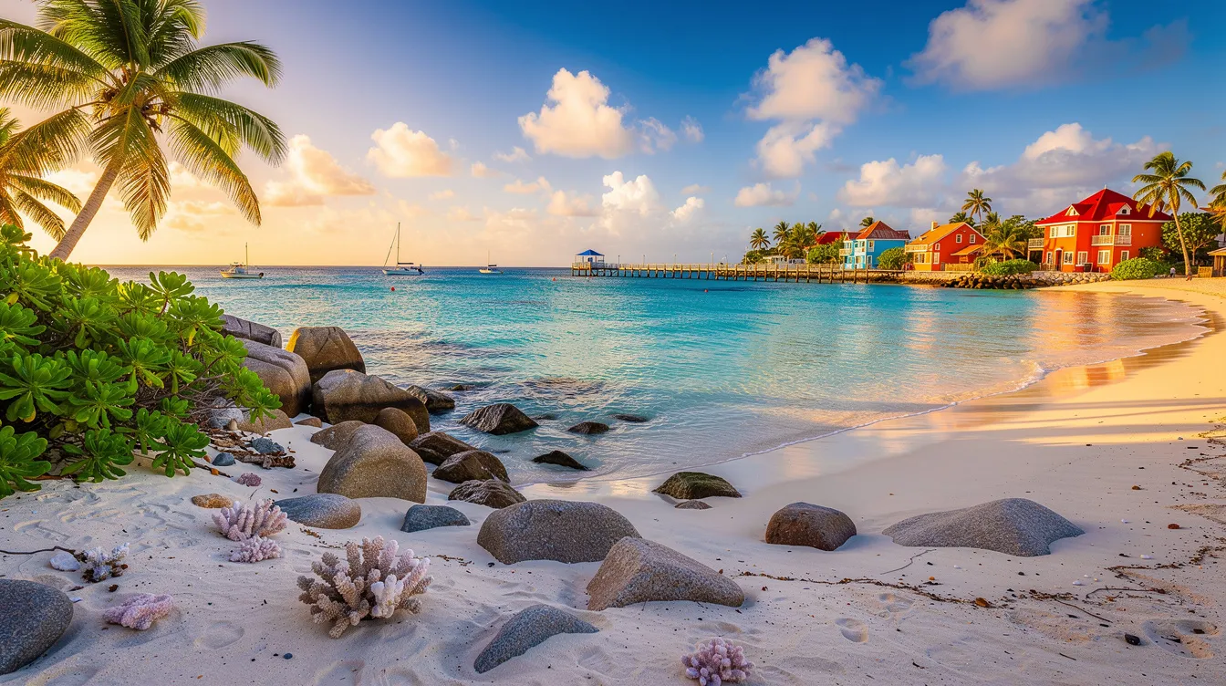 Uma vista deslumbrante da praia em Curaçao, com águas azul turquesa e areia branca, rodeada por palmeiras e um céu ensolarado, ideal para férias em família ou com amigos. Este destino caribenho é conhecido por suas paisagens paradisíacas e vida marinha rica, perfeito para quem busca relaxar e aproveitar a natureza.
