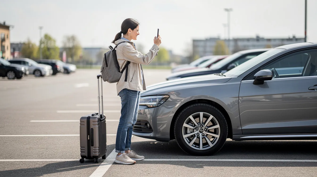 Viaggiatore che fotografa la fiancata di un'auto a noleggio in un parcheggio.