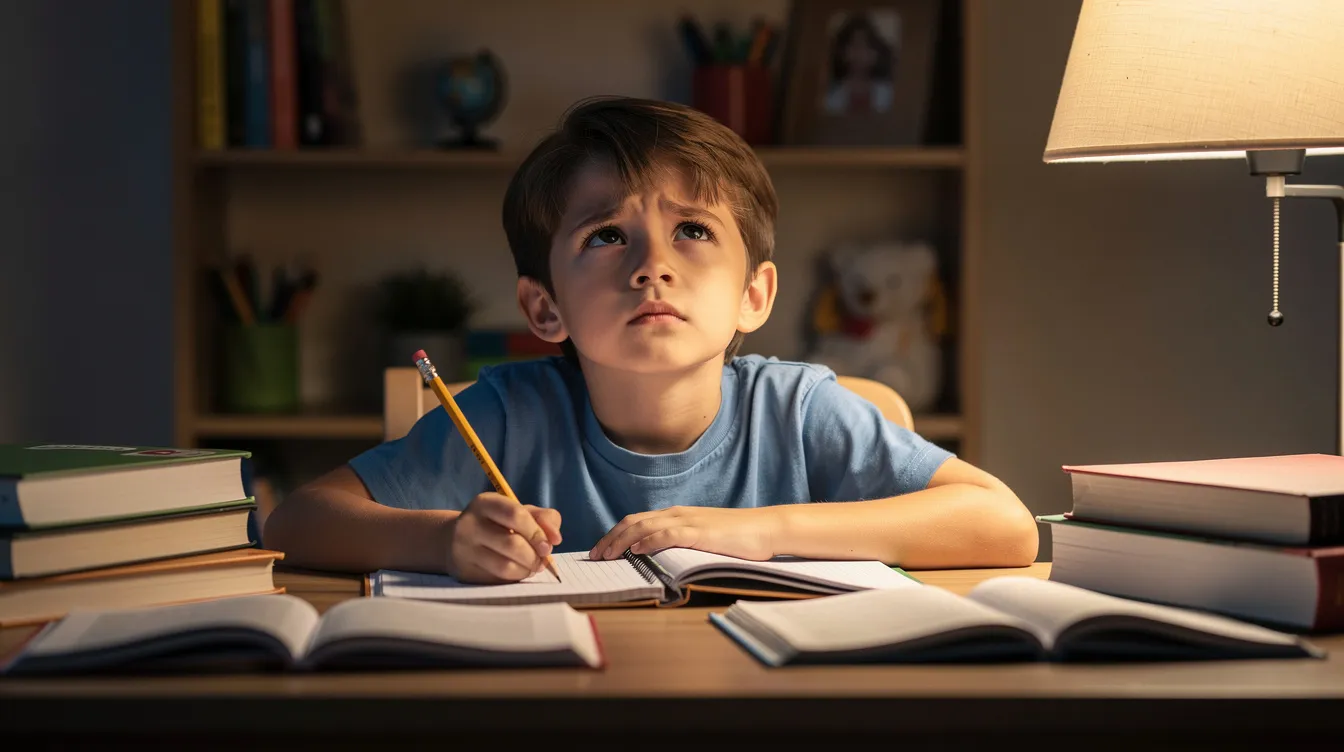 A child is sitting at a desk surrounded by open textbooks, appearing thoughtful as they work on their homework, illustrating a positive learning environment that fosters critical thinking and cognitive development essential for academic success. The scene captures the essence of independent learning and the skills needed for academic achievement in a primary school setting.