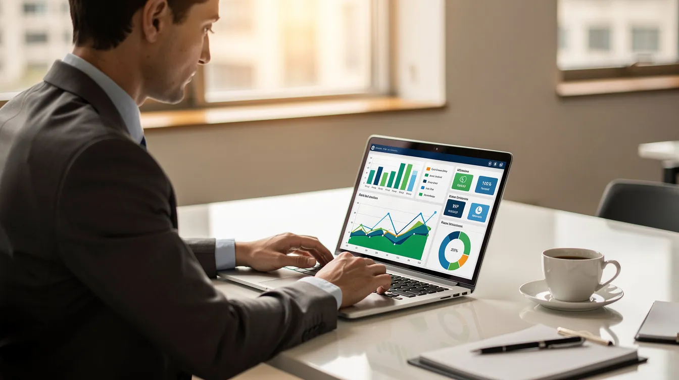 A business professional is intently reviewing data charts on a laptop screen, with a coffee cup placed nearby, suggesting a focused work environment. This scene reflects the importance of data analysis in outbound sales strategies and sales engagement processes.
